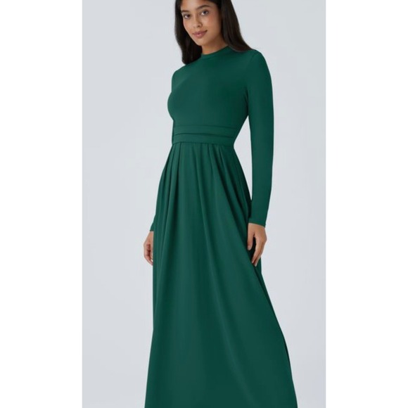 Halara long-sleeve, mock-neck, side-pocket, flare maxi casual dress green L NWT - Picture 3 of 12